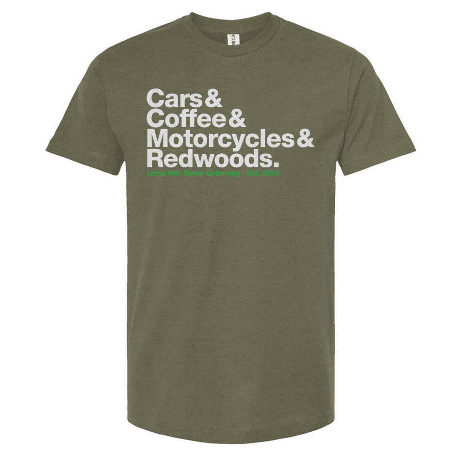 Cars & Coffee, Motorcycles & Redwoods Loma Mar Motor Gathering T-shirt