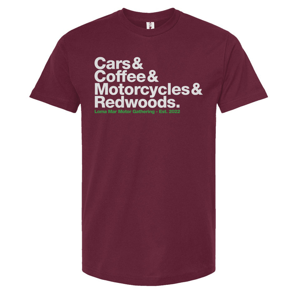 Cars & Coffee, Motorcycles & Redwoods Loma Mar Motor Gathering T-shirt