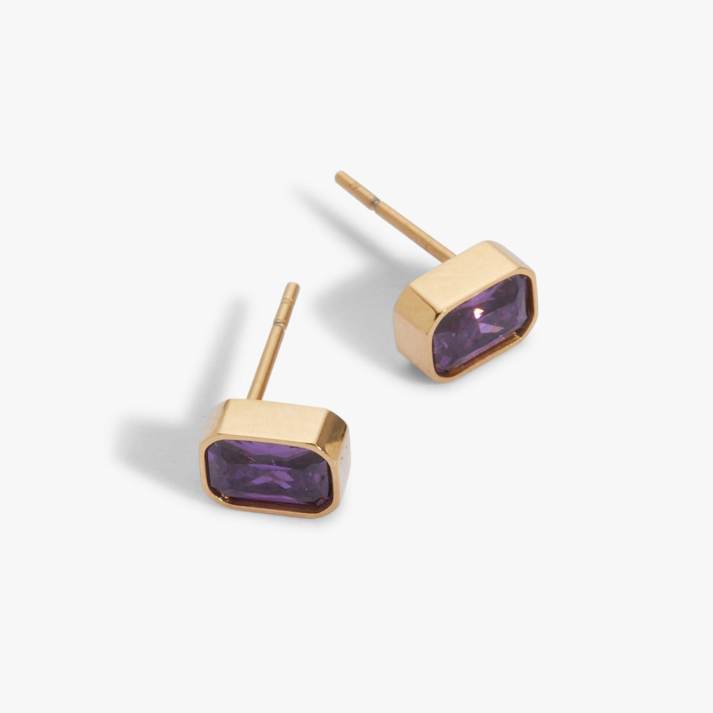 February Emerald-Cut Birthstone Stud Earrings